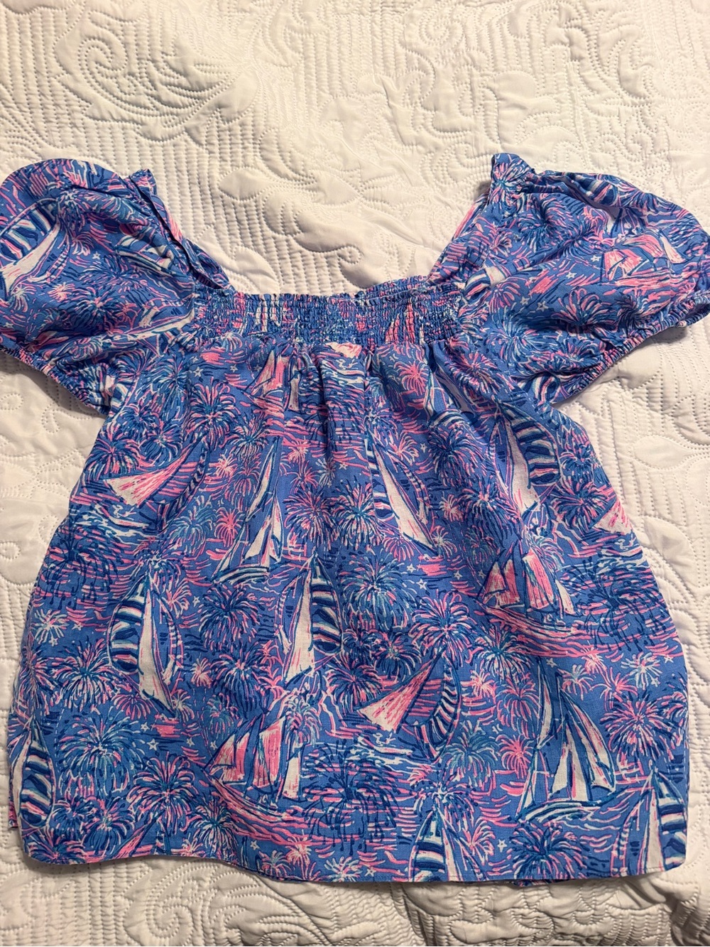 Lilly Pulitzer Blue & Pink Sailboat Smocked Off (or On) Shoulder Top - Picture 9 of 12